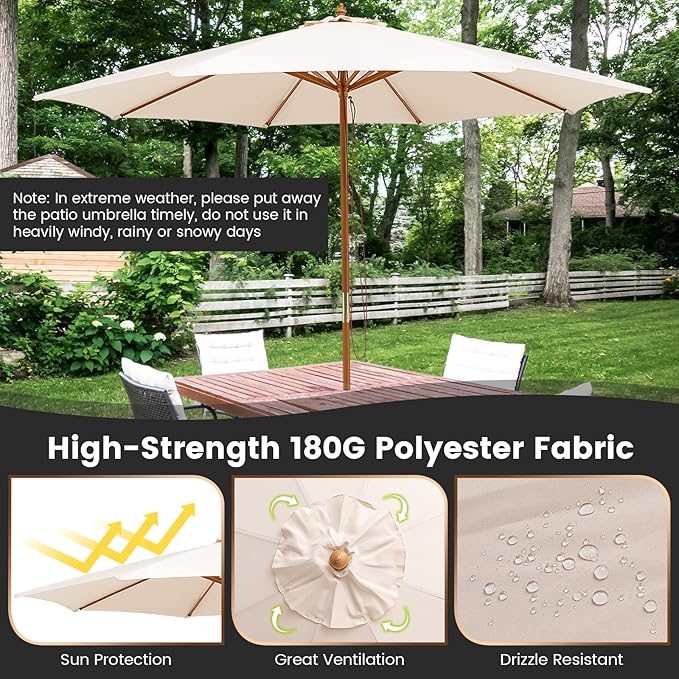 Tangkula 10FT Patio Umbrella, Outdoor Table Market Umbrella w/8 Wooden Ribs, 3 Adjustable Heights, Rope Pulley System, Detachable Pole, Wooden Patio Umbrella for Garden, Poolside, Backyard (Beige)