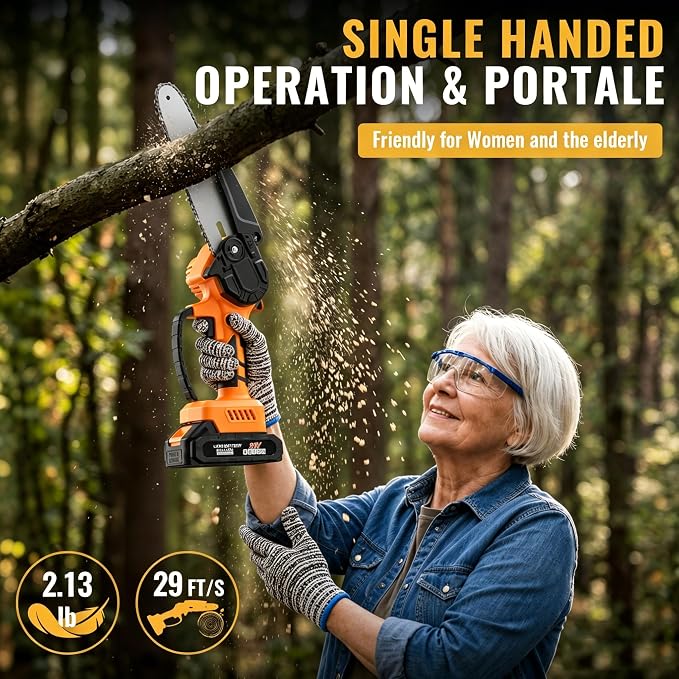 Mini Chainsaw Cordless,6-inch Electric Chain Saw with 2 Lithium Battery Powered,Hand Held Saw for Tree Trimming and Wood Cutting,Best Garden Tools,Unique Gift for boyfriend,father,Men,Orange