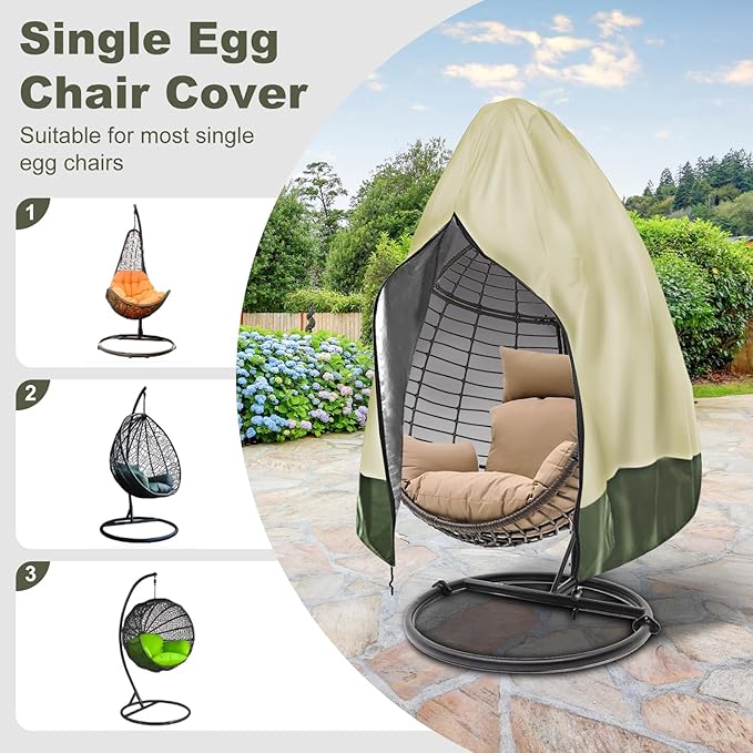 Waterproof Egg Chair Cover for Outdoor,Outdoor Hanging Egg Chair Cover,UV Resistant,Windproof Heavy Duty,Wicker Egg Swing Chair Covers,Fits Single Seat Egg Chair,75"" x 45"",Beige