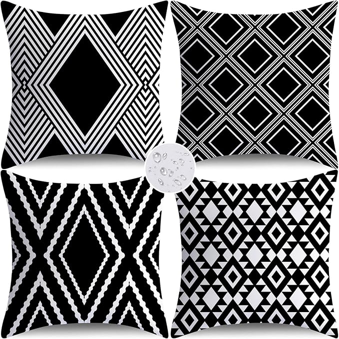 NIGHTWISH Outdoor Waterproof Pillow Covers 20x20 Set of 4 Black and White Modern Geometry Decorative Outdoor Throw Pillows Boho Cushion Cases for Patio Furniture Bench Couch Sunbrella
