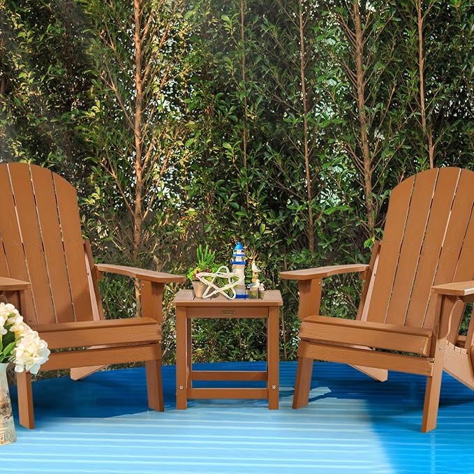 Outdoor Side Table Set of 2, HIPS Plastic Composite Adirondack Patio Table, Weather Resistant End Tables for Outside, Indoor, Patio, Garden, Pool, Porch, Backyard, Lawn, Deck - Teak