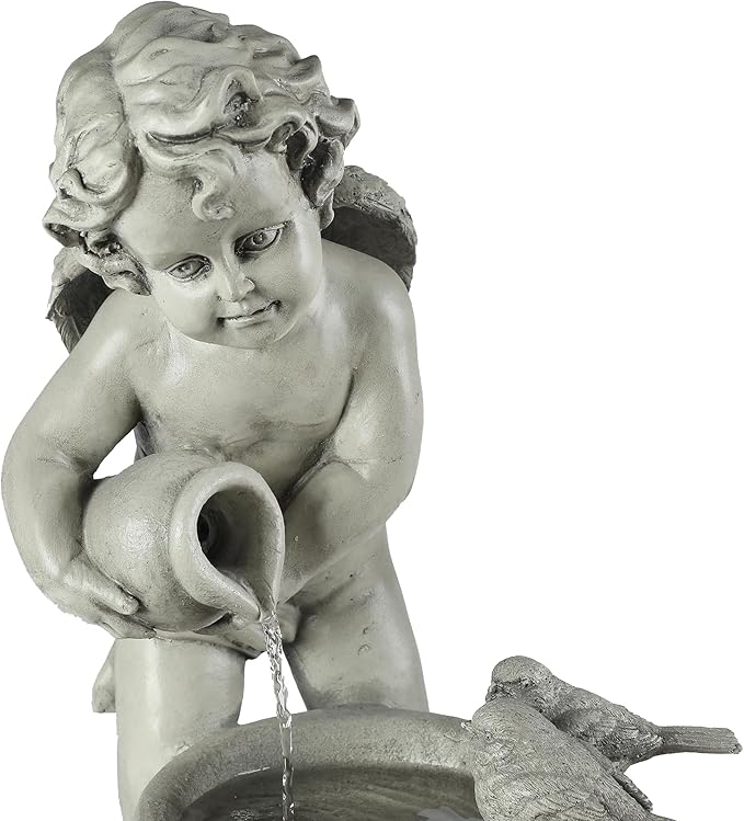 LuxenHome 34 Inch Outdoor Water Fountain, Resin Cherub Angel Water Fountains Indoor and Outdoor, Angels and Bird Garden Water Fountain, Decorative Waterfall for Backyard