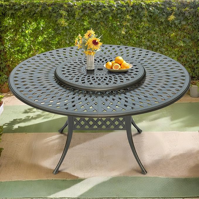 VIVIJASON Outdoor 61" Patio Dining Table for 6-8 Person, Large Patio Round Dining Table with Lazy Susan, Dark Bronze Cast Aluminum Rustic Patio Table with 2" Umbrella Hole for Balcony, Porch and Deck