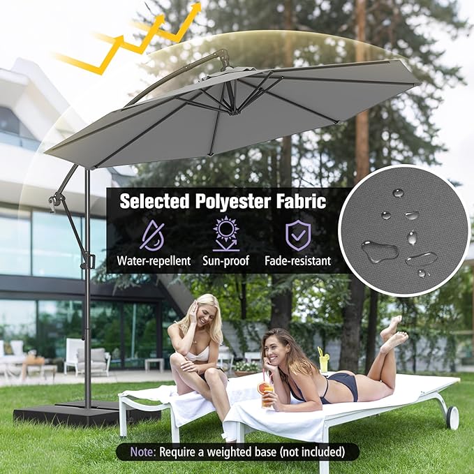 Tangkula 10 FT Patio Offset Umbrella, Hanging Cantilever Umbrella w/X-shaped Base & 360° Rotation, Smooth Crank Handle, Vented Top, Outdoor Market Umbrella for Backyard, Deck (Grey)