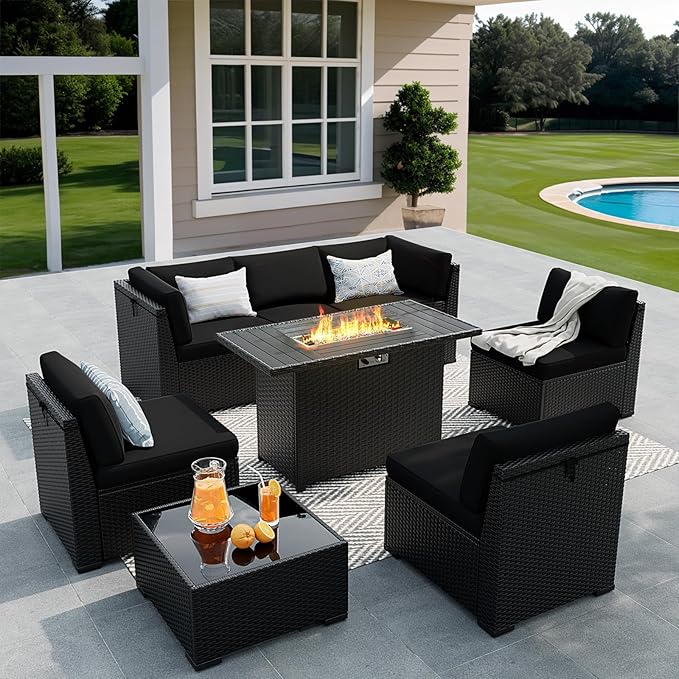 8 Pieces Outdoor Patio Furniture Set with 44" Fire Pit Table Black Rattan Sectional Conversation Sets w/Gas Fire Pit, Coffee Table, 1 Waterproof Covers, Black