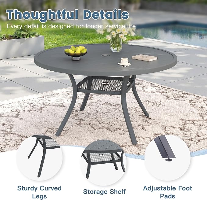 DIFY 7 Piece Outdoor Patio Dining Set for 6, Patio Table and Chairs Set with Umbrella Hole, 47.2" Round Dining Table and Stackable Metal Chairs for Backyard Garden Poolside, Grey