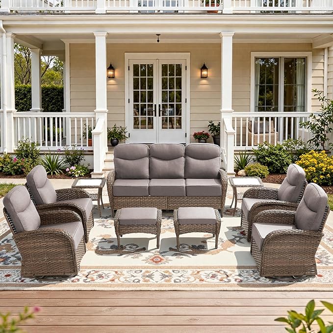 9-Piece Luxury Patio Furniture Set with 6-Inch Thick Cushions, High-Back Outdoor 4 Swivel Rocking Chairs with Wicker Side Table, All-Weather Conversation Set for Porch, Deck, Yard or Poolside – Gray