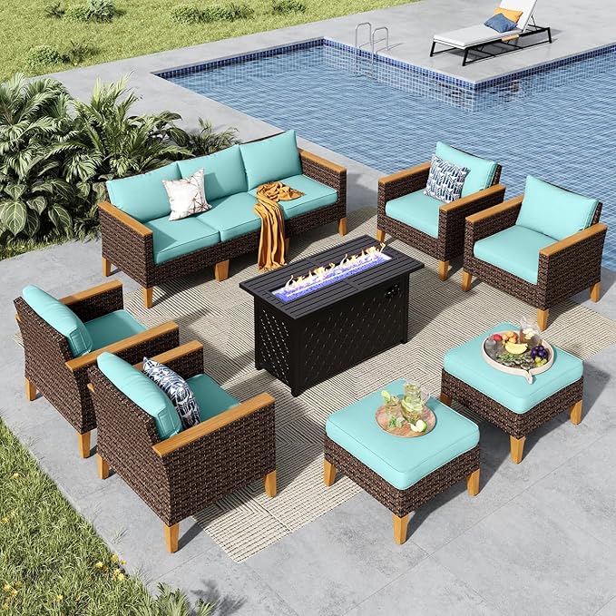 MFSTUDIO 9 Piece Wicker Patio Furniture Set with Fire Pit Table, 4 x Single Chair, 2 x Ottoman, 3-Seat Sofa, All-Weather Outdoor PE Rattan Patio Conversation Set for Garden(Aqua Blue Cushions)