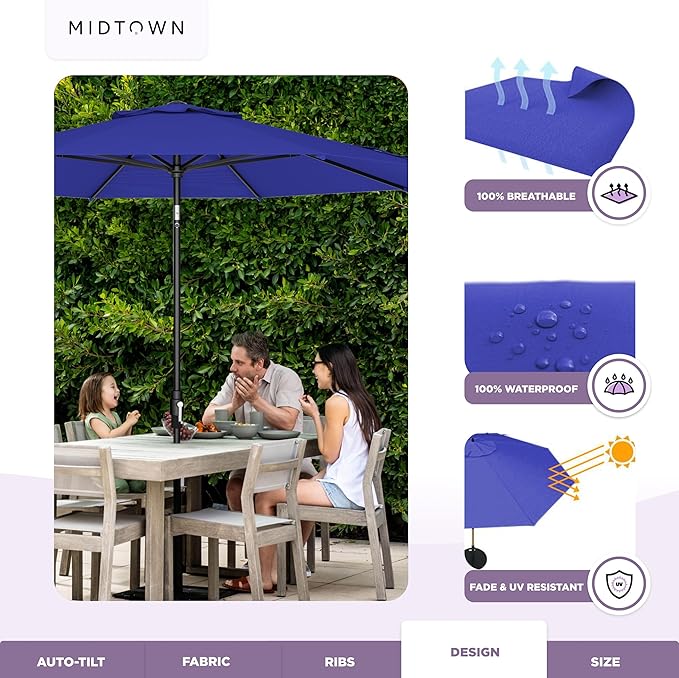 The Swilt 8 Feet Outdoor Umbrella With Terylast Midnight (Royal Blue) Polyester Fabric - Fiberglass Ribs, Auto-Tilt And Swivel Aluminum Frame Patio Umbrella For Deck, Garden, Pool - Black Pole