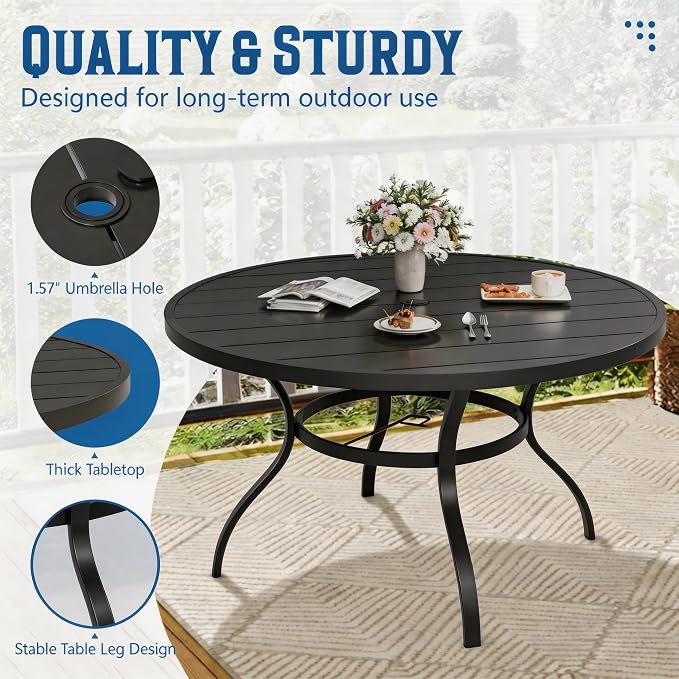 SUNCROWN 53 Inch Round Outdoor Patio Dining Table, All Weather Black Metal Steel Slat Table with 1.5" Umbrella Hole, Weather Resistant Outside Furniture for Lawn Garden Backyard Porch