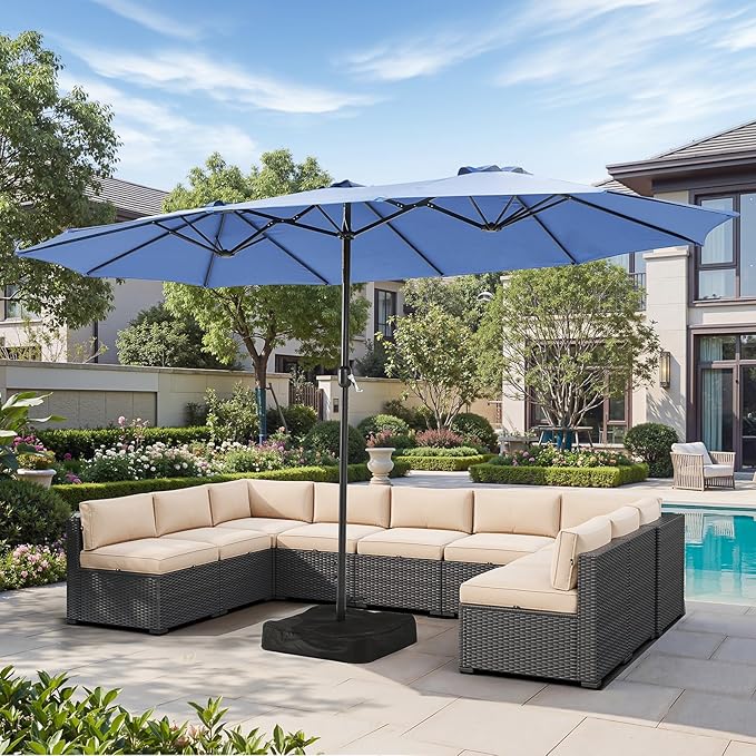 Aoxun 15ft Patio Umbrella with Base Included, Outdoor Double-Sided Rectangular Umbrella with Crank Handle & Ventilation, Large Standing Umbrella for Pool, Deck, Lawn, Backyard & Beach