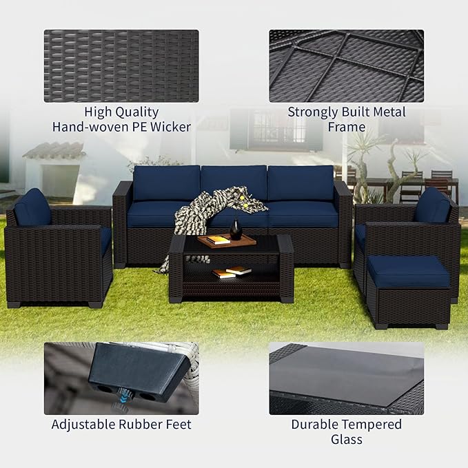 7 Pieces Patio Furniture Set Wicker Outdoor Furniture All-Weather Outdoor Sofa with Thick Cushions & Coffee Table Patio Conversation Set for Lawn, Balcony, Deck, Poolside, Darkbrown&Prussian Blue