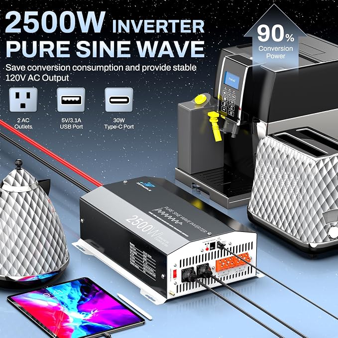 2500W Pure Sine Wave RV Inverter with Built-in ATS, 12V DC to 110V/120V AC Converter, 5000W Peak, Shore Power Automatic Bypass, 2 AC Outlets, USB & Type-C, LCD Remote Control