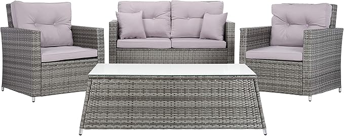SAFAVIEH Outdoor Collection Lorma Grey/Grey Wicker 4-Piece Conversation Patio Set