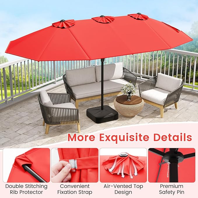 Tangkula 15FT Double-Sided Patio Umbrella with Base, Extra-Large Market Umbrella W/Crank System, Outdoor Twin Umbrella W/ 12-Rib Metal Structure & Air Vents for Garden, Backyard, Poolside