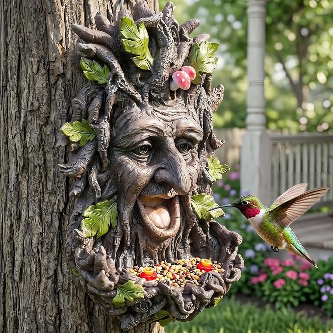 12" Real Tree Face Hugger Statue, Outdoor Garden Resin Bird Feeder Sculpture with Foliage Features, Fairy Elve Accent Yard Art, Halloween Trees Decorations Outdoor Wall Mounted Statue