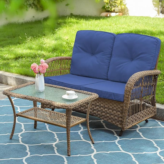VIVIJASON 2-Piece Patio Wicker Loveseat Glider Set, Outdoor Conversation Furniture Set with 2-Seater Rattan Glider Rocking Bench and Glass-Top Coffee Table for Porch Garden Backyard, Navy Blue