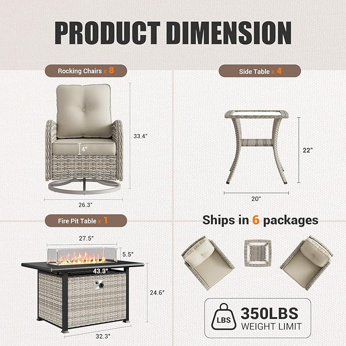 13Pcs Patio Rocking Swivel Chair with 55,000 BTU Fire Pit Table Outdoor Wicker Rattan Bistro Set with Tempered Glass Side Table, Outdoor Patio Furniture Set for Garden and Balcony, White