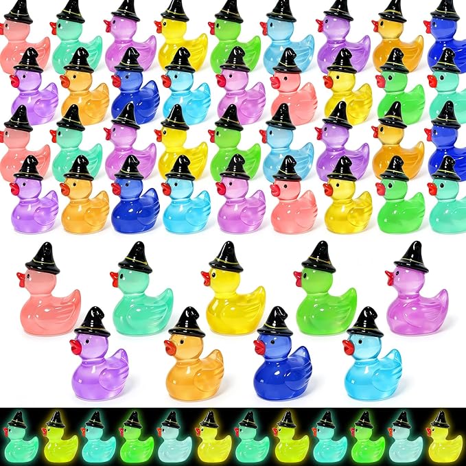 100 Pcs Halloween Luminous Mini Resin Ducks Glow in the Dark Tiny Little Plastic Duck Figures with Witch Hat Miniature Figurines for Crafts Micro Landscape Fairy Garden Party Decor