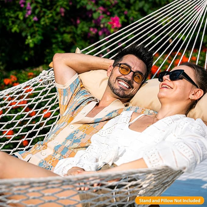 Lazy Daze Hammocks 12 FT Double Rope Hammock and 13 FT Natural Wood Arc Stand, 2 Person Hand Woven Cotton Hammock with Spreader Bar for Outdoor Patio Poolside, 450 lbs Capacity, Natural