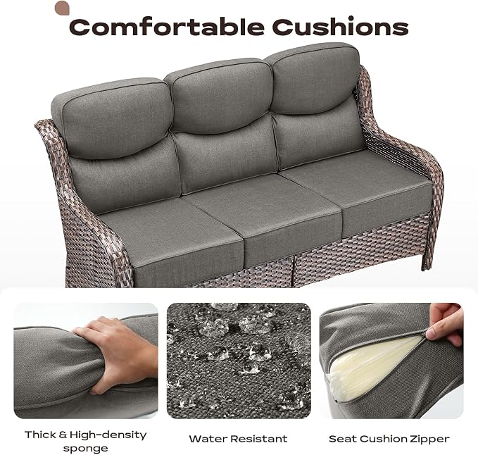 Rilyson Wicker Outdoor Patio Furniture Set - 6 Piece Patio Conversation Sets with Swivel Rocker Chairs, Ottomans, Sofa and Table, 6 inch Cushions, Deep Seating, for Porch Deck Brown/Grey