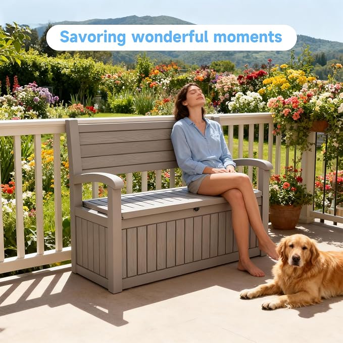 70 Gallon Outdoor Storage Bench， Waterproof and Lockable Outdoor Storage Box, Durable Resin Deck Box for Patio, Backyard, Garden, Porch(Grey)