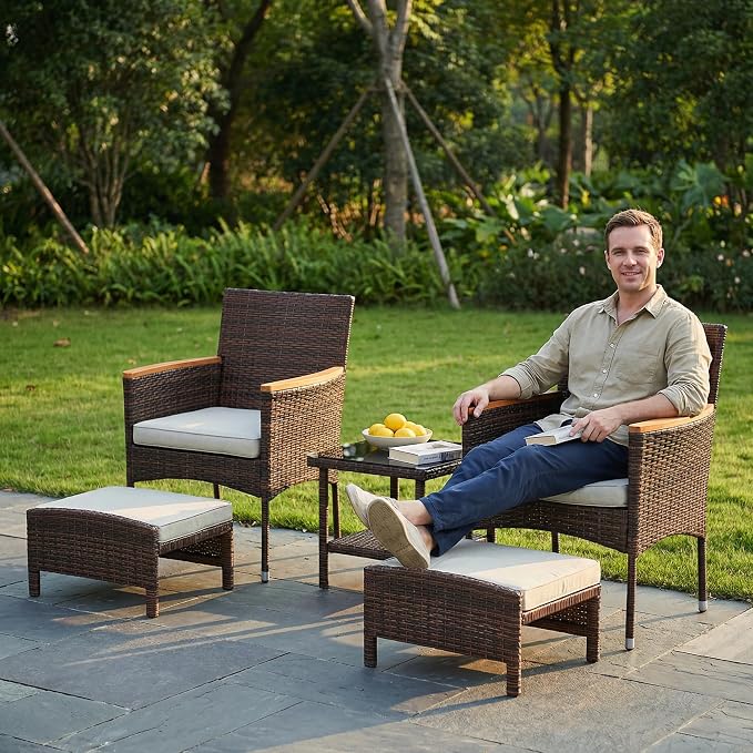 5Pcs Patio Furniture Sets Rattan Patio Chair Set of 5 Outdoor with Coffee Glass Table & Ottoman for Yard Backyard Lawn Porch Poolside Balcony (Brown and Khaki)