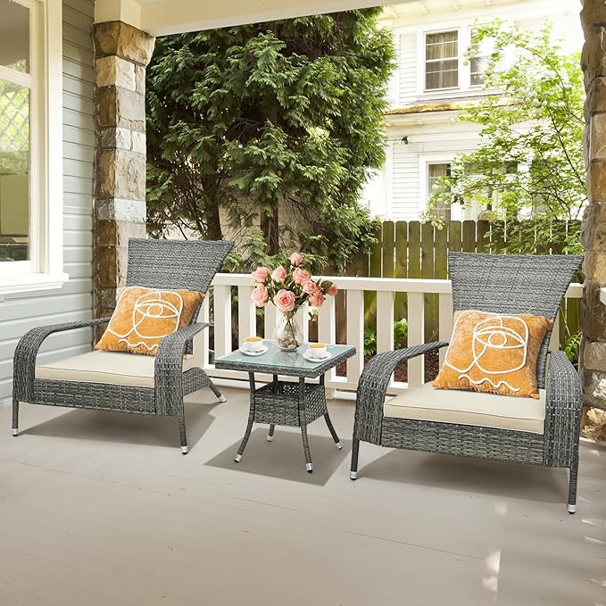 Tangkula 3-Piece Wicker Adirondack Set, Ergonomic Oversized Rattan Chairs w/Coffee Table, Comfy Seat Cushions, Tempered Glass Tabletop, Patio Conversation Set for Porch (Wicker, 3-pc)