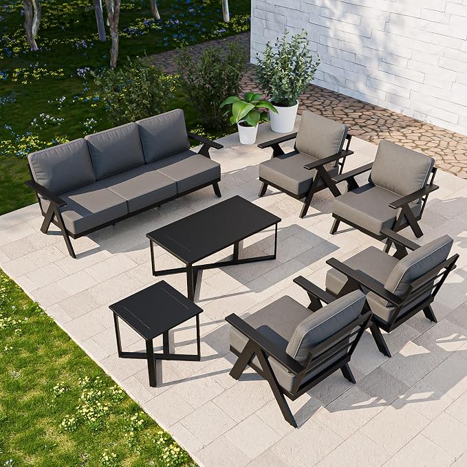 COOS BAY Iron Luxe 7 Piece Outdoor Patio Furniture Set, Modern Patio Conversation Set with 4 Patio Chairs, a 3 Seat Couch, Coffee Table & Side Table for Deck, Garden, Porch, Black/Gray