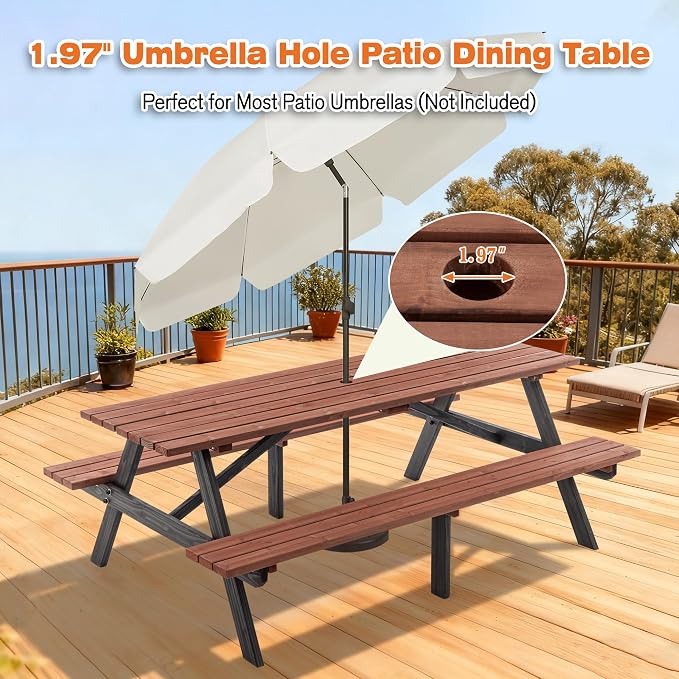 Hohuqeri Picnic Table Bench Set for 8 Persons, 6FT Large Camping Table, Wood Outdoor Dining Beer Table Set with 2” Umbrella Hole, for Patio Lawn Garden (Brown & Black)
