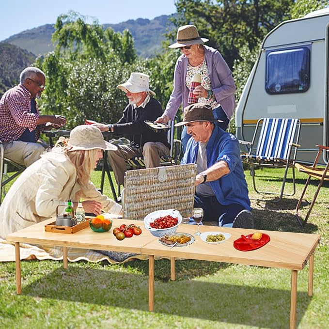 80"x30" Boho Wooden Picnic Table, Portable Outdoor Low Picnic Table with Adjustable Legs 13" & 16" for Floor Seating, Beach, Camping, BBQ, Backyard, 80x30in Seating for 12 People