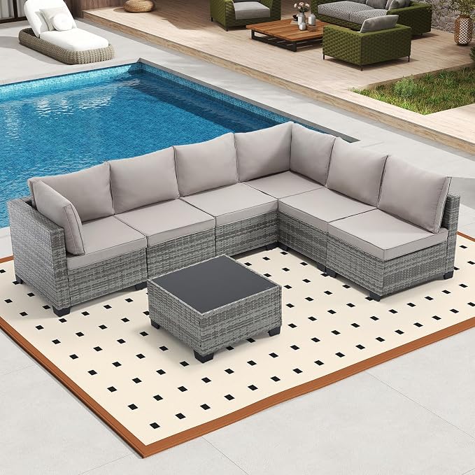 Bonzy Home 7 Pieces Outdoor Patio Furniture Set, PE Rattan Outdoor Sectional Furniture Sofa Set with Removable Cover and Glass Coffee Table, Patio Sofa for Balcony, Porch, Garden, (Grey-Grey)