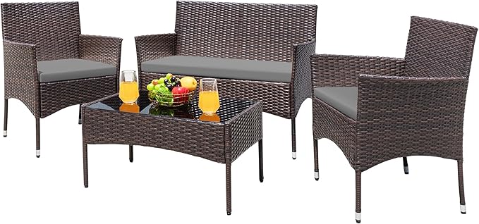 Greesum Patio Furniture 4 Pieces Conversation Sets Outdoor Wicker Rattan Chairs Garden Backyard Balcony Porch Poolside loveseat with Cushion and Glass Table, Brown and Grey