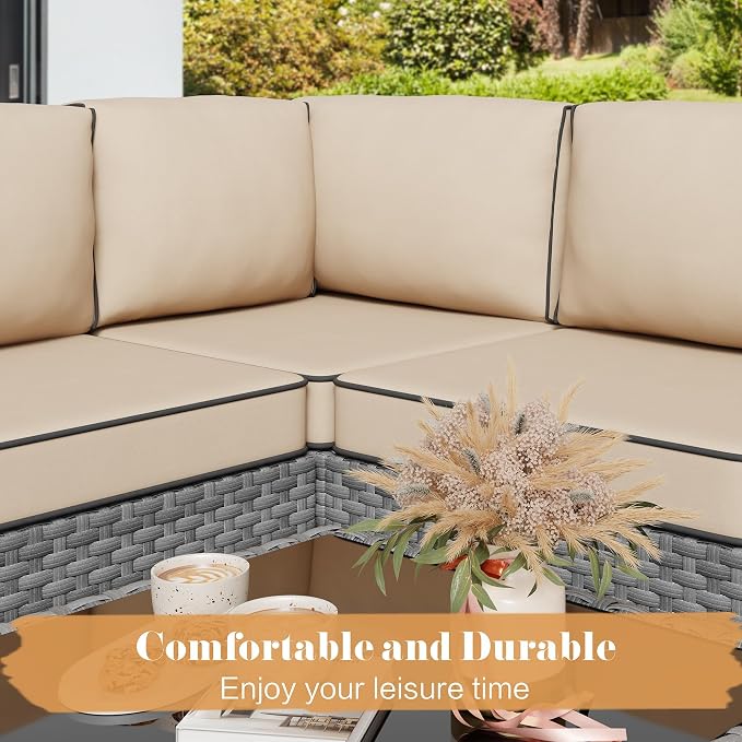 JAMFLY 5-Piece All-Season Wicker Patio Sofa Set with Thick Cushions & Coffee Table, Modular Indoor Outdoor Furniture for Poolside, Garden, Sunroom & Porch, Khaki