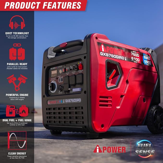 A-iPower 7600-Watt Dual Fuel Inverter Generator Remote Start, Power Supplies with 322cc OHV Engine, CO Sensor, Gas and Propane Powered, for Backup Home Use, Tailgating, RV, Power Outages(GXS7600iRD)