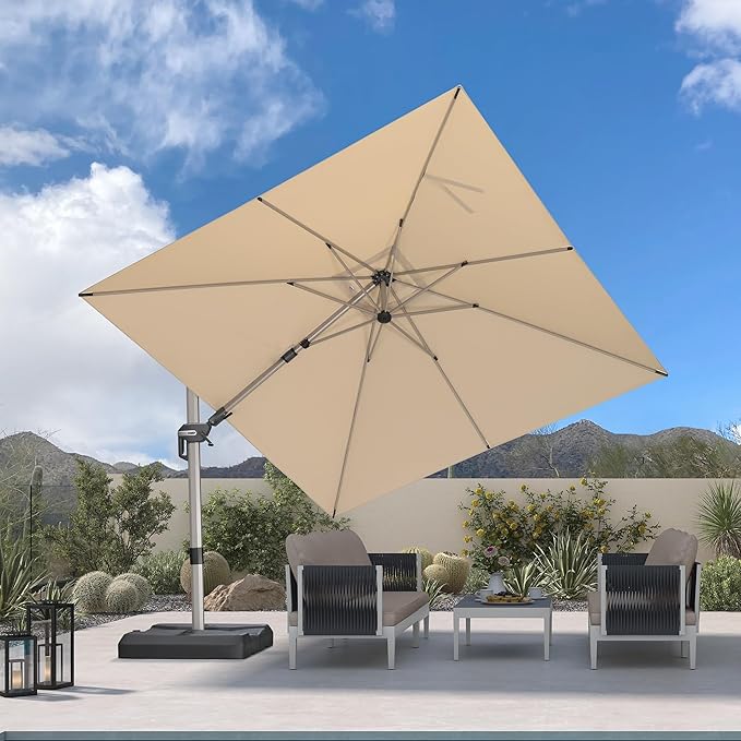 PURPLE LEAF 10' X 10' Left-right Tilting Patio Umbrella Outdoor Swivel Cantilever Umbrella Aluminum Offset Umbrella with Champagne Frame and 360-degree Rotation for Garden Deck Pool, Beige