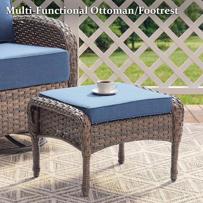 Outdoor Swivel Rocking Chair Patio Set (10pcs) High-Back - Thick Cushion Swivel Rocking Chair Patio Chairs Set, All-Weather Wicker Patio Furniture Set, Suitable for Balcony Patios, Brown/Blue