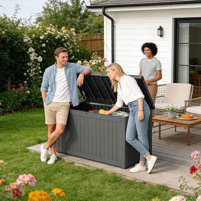 Heavy Duty 230 Gallon Patio Storage Box, Extra Large Resin Deck Box with Hydraulic Lid, Lockable Weatherproof Outdoor Storage for Garden Tools, Cushions, Black