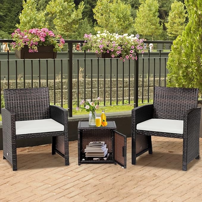 Tangkula 3 Pieces Outdoor Wicker Conversation Set with Waterproof Cover, 2 Patio PE Rattan Cushioned Chairs with Side Storage Table, Suitable for Front Porch, Balcony, Garden, Poolside (White)
