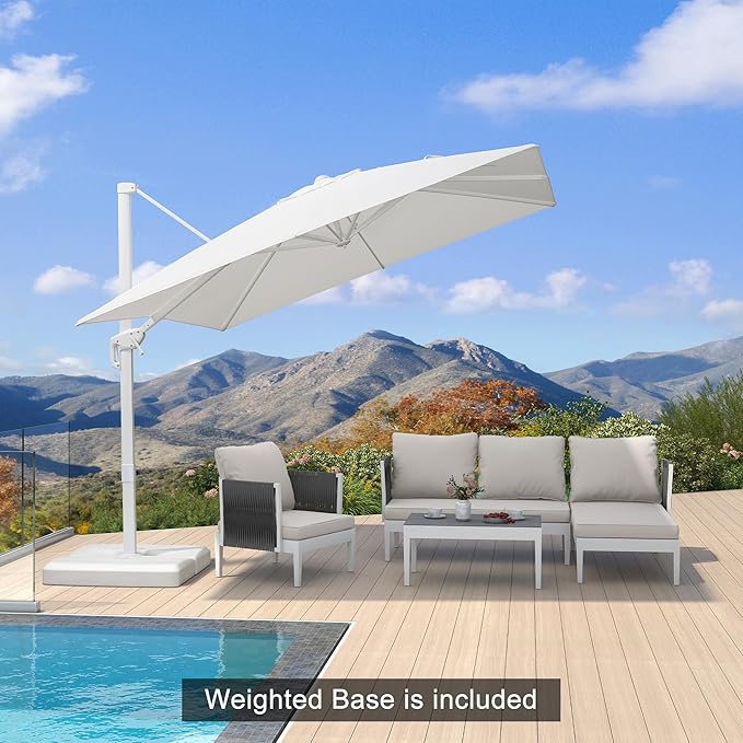PURPLE LEAF 9 FT Patio Umbrella With Base White Cantilever Umbrella Square Outdoor Offset Umbrella Windproof with 360° Rotation for Garden Deck Pool, White