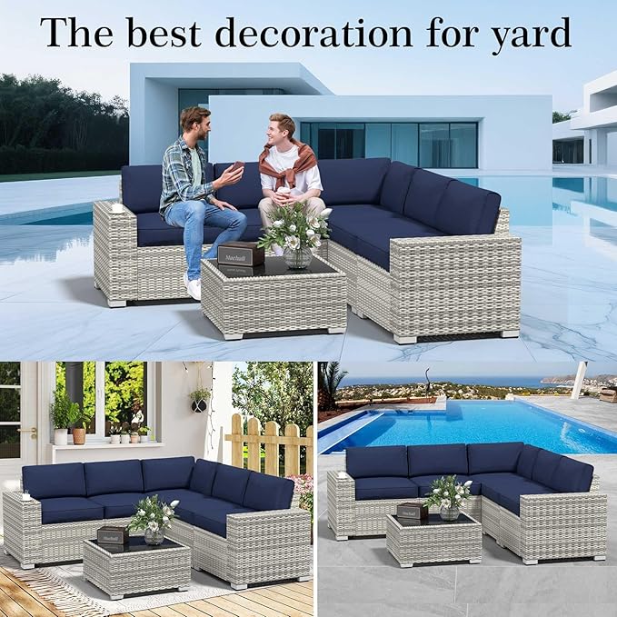 YLGJ&TIDY Patio Furniture Set, 8 Inch Armrest Outdoor Sectional Sofa, 6 Piece Wicker Outdoor Furniture Conversation Sets with Waterproof Cushions and Coffee Table for Backyard Deck