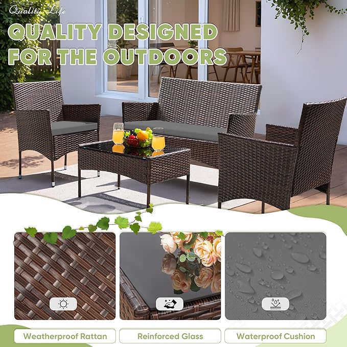 Greesum Patio Furniture 4 Pieces Conversation Sets Outdoor Wicker Rattan Chairs Garden Backyard Balcony Porch Poolside loveseat with Cushion and Glass Table, Brown and Grey