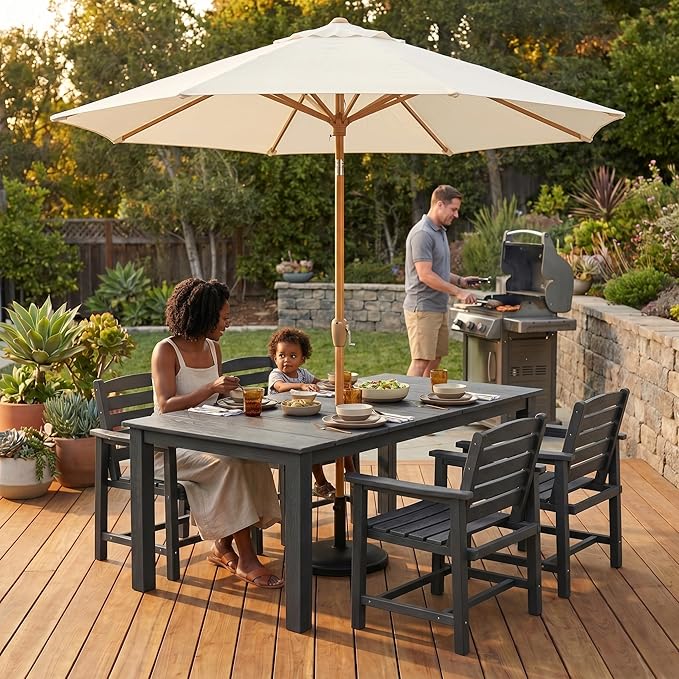 9ft Outdoor Patio Umbrella, Market Table Umbrella with Crank and Easy Push Button Tilt, Wood Grain Frame, UPF 50+ for Pool, Garden, Deck, Backyard