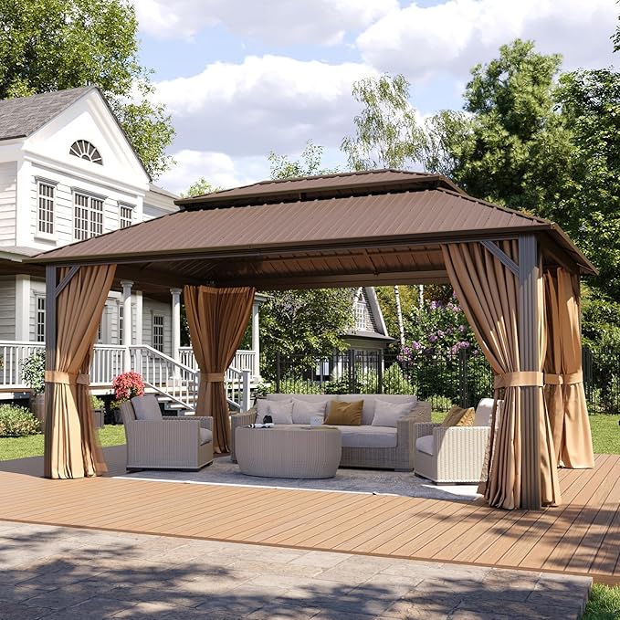 Aoxun 12x16 Gazebo Hardtop Gazebo with Double Galvanized Steel Roof Outdoor Metal Gazebo Pavilion with Breathable Netting and Privacy Curtain for Patio, Lawn, Deck, and Backyard (Brown)