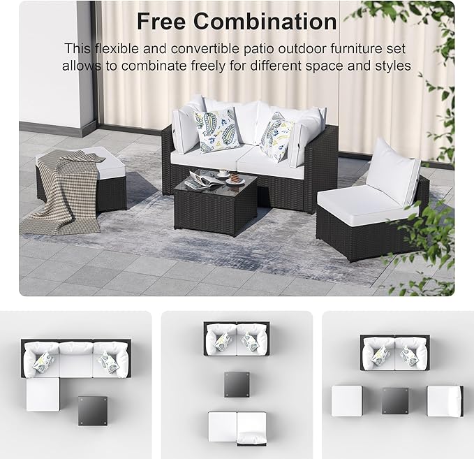 GOJOOASIS Patio Furniture Set Outdoor Sectional Sofa with Ottoman Wicker Couch Rattan Modular Seating Conversation Sets Porch Decor for Backyard, Balcony, Garden (White)