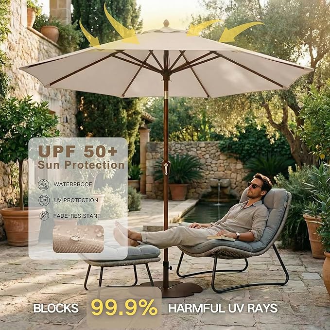 Kingdura 10FT Outdoor Patio Umbrella, Market Table Umbrella with Push Button Tilt and Crank, 8 Sturdy Fiberglass Ribs, UV Protection for Pool, Lawn, Deck, Backyard, Garden (Beige)