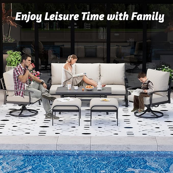 HOMREST Patio Furniture Sets 7 PCS Outdoor Metal Conversation Sets, 360 Degree Swivel Rocking Chairs Patio Conversation Set with Ottomans, Coffee Side Table and 3-Seat Sofa for Garden, Deck, Poolside