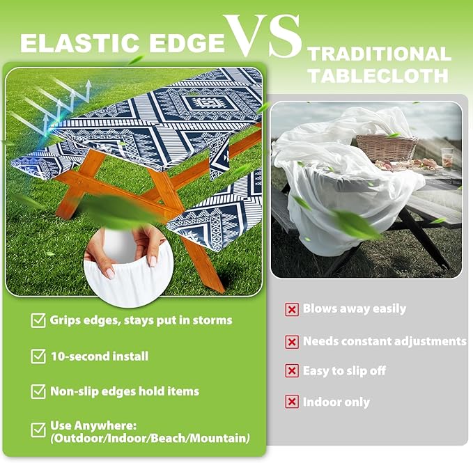 Fitted Picnic Table Cover with Bench Covers Waterproof Elastic Edges Rectangle Patio Tablecloth Outdoor Camping Essentials Stuff Rv Accessories Summer Trip Travel Camper Gifts for Woman Men, 96in 8 ft