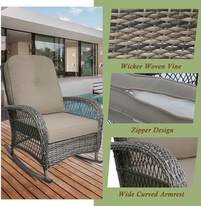 Outdoor Wicker Rocking Chair, All Weather Resin Rattan Wicker Rocking Chairs and Glass Coffee Table, for Garden Backyard Lown Porch,3pc,Brown