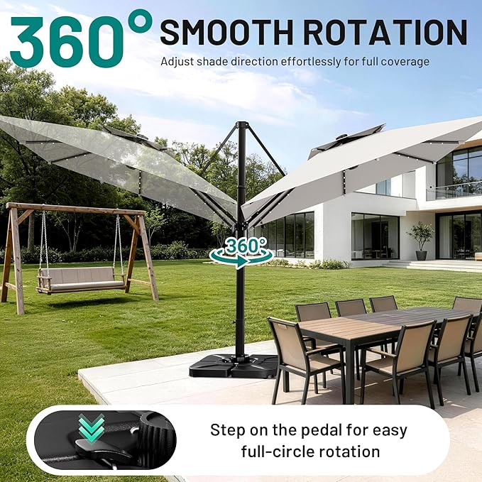 AreShark 10×10FT Solar LED Cantilever Umbrella with Base Included, Double-Top Outdoor Patio Offset with 360 Degree Rotation, Round Offset Hanging Umbrella for Garden Deck Pool, Light Grey